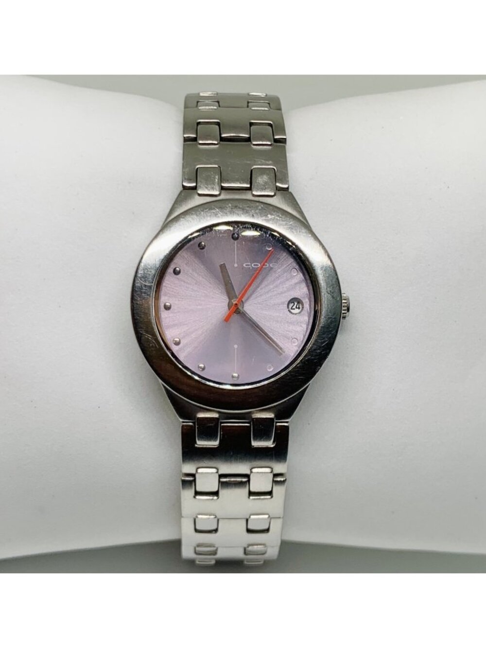Code silver tone women’s watch purple dial date 27mm quartz S steel running